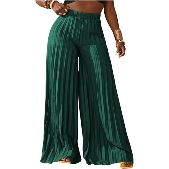 Women's Wide Leg Palazzo Pleated Pants High Waisted Flowy Loose Dressy - Picture 1 of 6